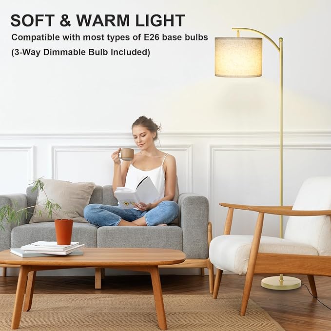 Floor Lamp for Living Room, Dimmable Standing Lamp Tall with Linen Shade Modern Floor Lamps Foot-step Switch Reading Lamp for Living Room Bedroom Office Dining Room, 9W Bulb Included (Gold) - LeafyLoom