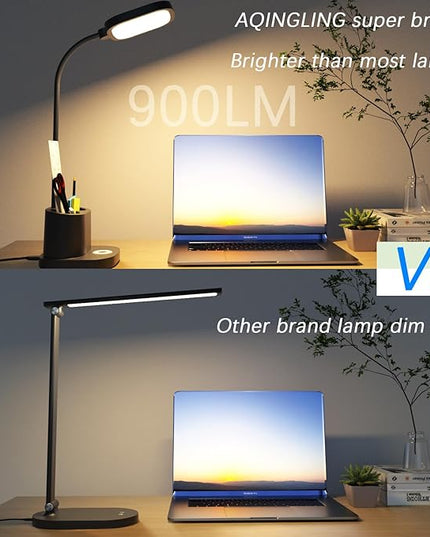LED Desk Lamp for Home Office with USB Charging Port, Rechargeable Powered Table Lamp Battery Operated Cordless Reading Lamp, Pen Holder, 3 Way Dimmable, Bright, Tall, Flexible, Gooseneck, Black - LeafyLoom