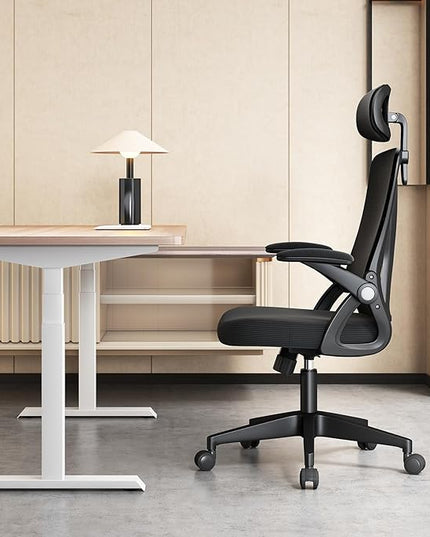Ergonomic Office Chair, Mid Back Desk Chair with Adjustable Height, Swivel Chair with Flip-Up Arms and Lumbar Support, Breathable Mesh Computer Chair with Headrest (Black) - LeafyLoom