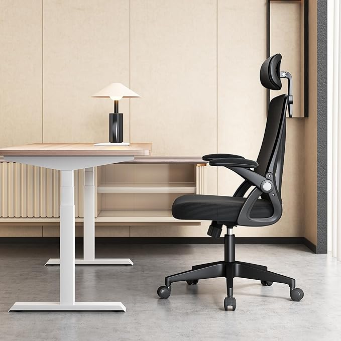 Ergonomic Office Chair, Mid Back Desk Chair with Adjustable Height, Swivel Chair with Flip-Up Arms and Lumbar Support, Breathable Mesh Computer Chair with Headrest (Black) - LeafyLoom