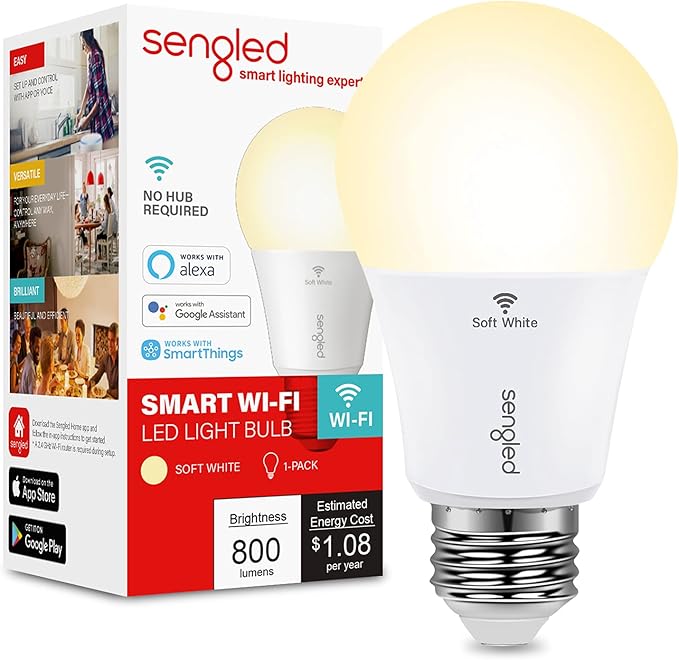 Sengled Alexa Light Bulb, WiFi Light Bulbs No Hub Required, Smart Bulbs that Work with Alexa, Google Home, Dimmable Smart LED Bulb, A19 Soft White (2700K), 800LM 60W Equivalent, 1 Pack Sengled