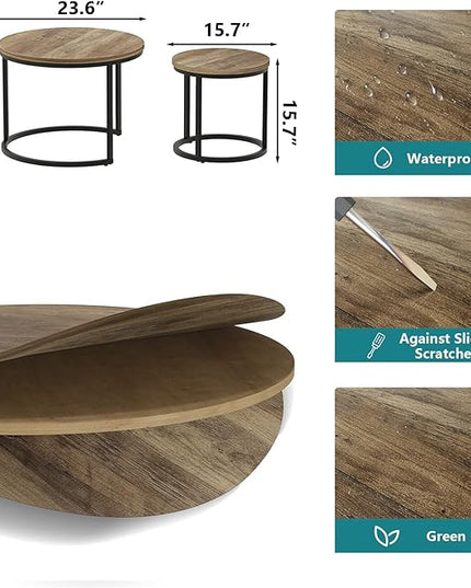 Nesting Coffee Table Set of 2, 23.6" Round Coffee Table Wood Grain Top with Adjustable Non-Slip Feet, Industrial End Table Side Tables for Living Room Bedroom Balcony Yard - LeafyLoom