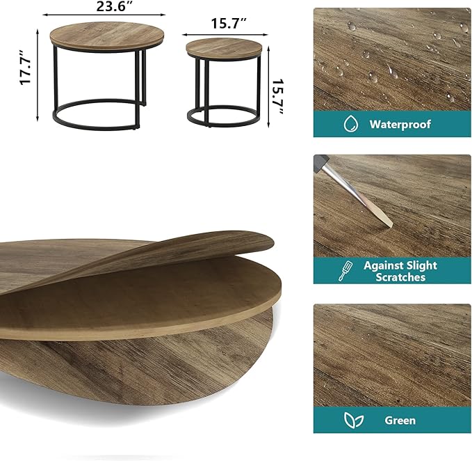 Nesting Coffee Table Set of 2, 23.6" Round Coffee Table Wood Grain Top with Adjustable Non-Slip Feet, Industrial End Table Side Tables for Living Room Bedroom Balcony Yard - LeafyLoom