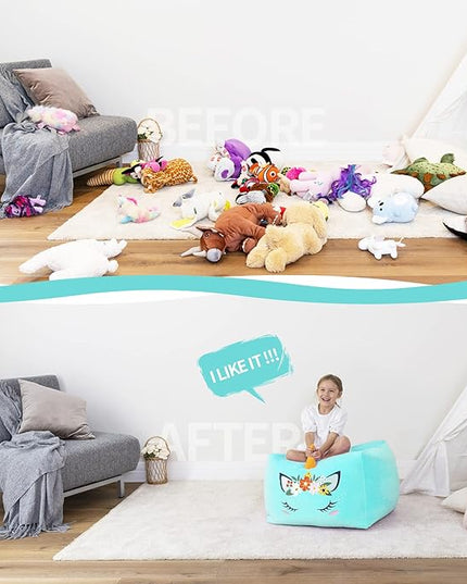 Aubliss Unicorn Stuffed Animal Storage Bean Bag Chair for Kids, Velvet Extra Soft Beanbag Chairs Cover, X-Large Stuffable Zipper Bean Bag for Organizing Plush Toys Girls Bedroom Decor, Cyan Floral - LeafyLoom
