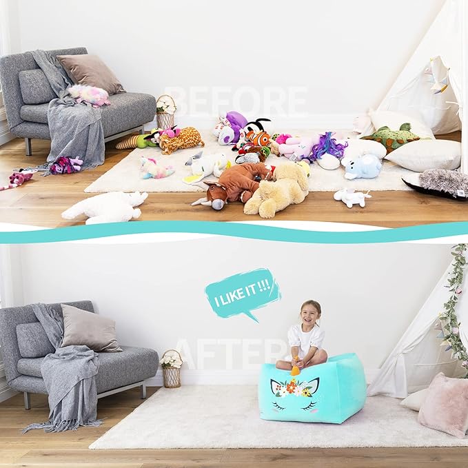 Aubliss Unicorn Stuffed Animal Storage Bean Bag Chair for Kids, Velvet Extra Soft Beanbag Chairs Cover, X-Large Stuffable Zipper Bean Bag for Organizing Plush Toys Girls Bedroom Decor, Cyan Floral - LeafyLoom