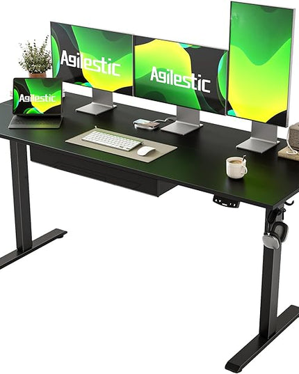 Adjustable Height Electric Standing Desk with Storage Wooden Drawer, 63 x 24 Inches Stand Up Home Office Computer Gaming Table with Splice Board for Work Office Home, Black - LeafyLoom