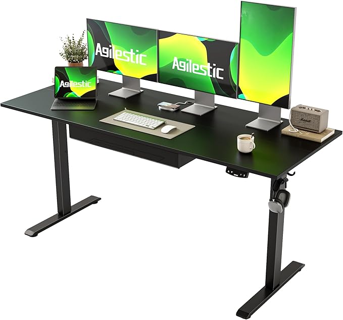 Adjustable Height Electric Standing Desk with Storage Wooden Drawer, 63 x 24 Inches Stand Up Home Office Computer Gaming Table with Splice Board for Work Office Home, Black - LeafyLoom