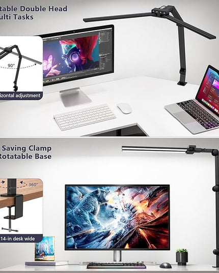 KableRika Desk Lamp,Double Head Desk Lamp with Clamp,24W Led Desk Lights for Home Office Ultra Bright Architect Table Lamp 4 Brightness 4 Color,Auto Dimming Task Lamp for Monitor Work Study - LeafyLoom
