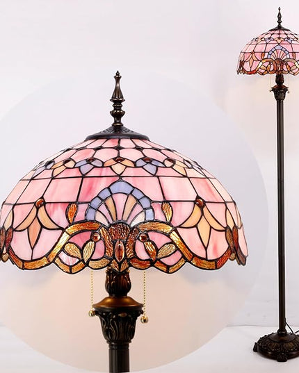 WERFACTORY Tiffany Floor Lamp Pink Baroque Stained Glass Standing Reading Light 16X16X64 Inches Antique Pole Corner Lamp Decor Bedroom Living Room Home Office S003P Series - LeafyLoom