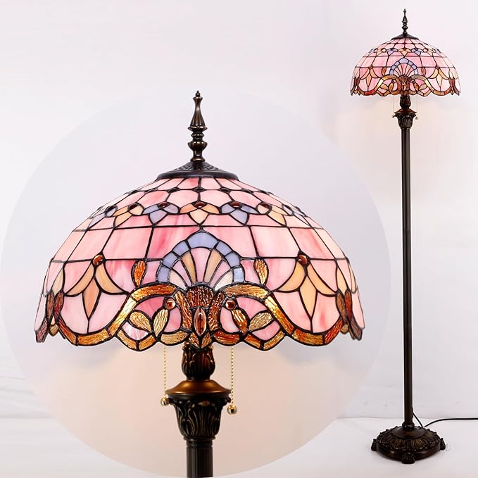WERFACTORY Tiffany Floor Lamp Pink Baroque Stained Glass Standing Reading Light 16X16X64 Inches Antique Pole Corner Lamp Decor Bedroom Living Room Home Office S003P Series - LeafyLoom