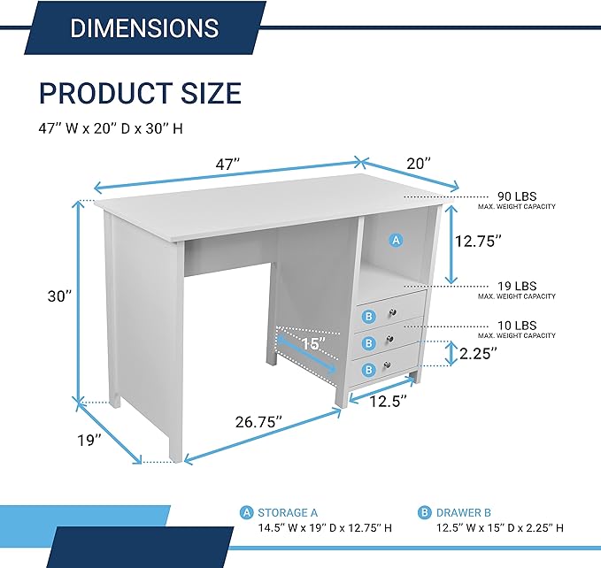 Techni Mobili White Desk with Drawers - Small Office Desk with 3 Cabinet Drawers, Open Shelf, & Laminated Wooden Panels Office & Study Table for Bedroom & Workstations - LeafyLoom