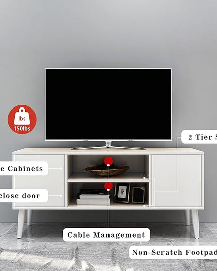Yusong Retro TV Stand for 55 Inch TV, Entertainment Centers for Living Room Bedroom, Wood TV Bench Table TV Console TV Cabinet with 2 Storage Cabinets and Open Shelves,White - LeafyLoom