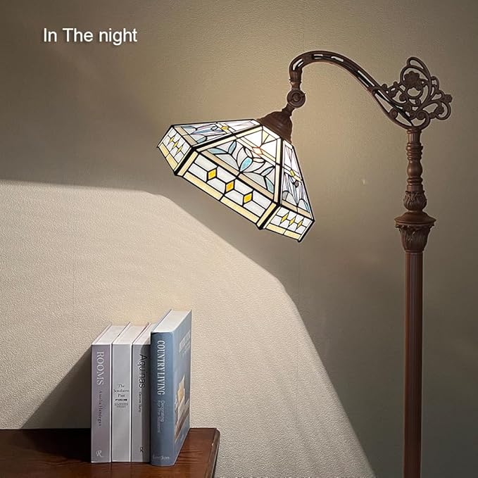 Capulina Tiffany Floor Lamp 62 Inches Tall Mission Hexagon Virgin Style Stained Glass Soft Light Arched Gooseneck Adjustable Angle Reading Floor Lamp for Living Room Bedroom Home Office - LeafyLoom