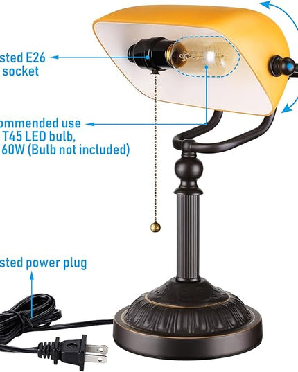 TORCHSTAR Bankers Desk Lamp with Pull Chain Switch, Amber Glass Shade Desk Lamps, Bronze Base, UL Listed, E26 Base, Vintage Library Lamp for Office, Study Room(Matted Orange) - LeafyLoom