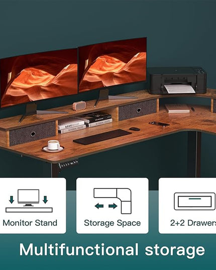 67 Inch L Shaped Electric Standing Desk with 4 Drawers, Height Adjustable Corner Desk with Monitor Stand for Home Office, Rustic Brown - LeafyLoom