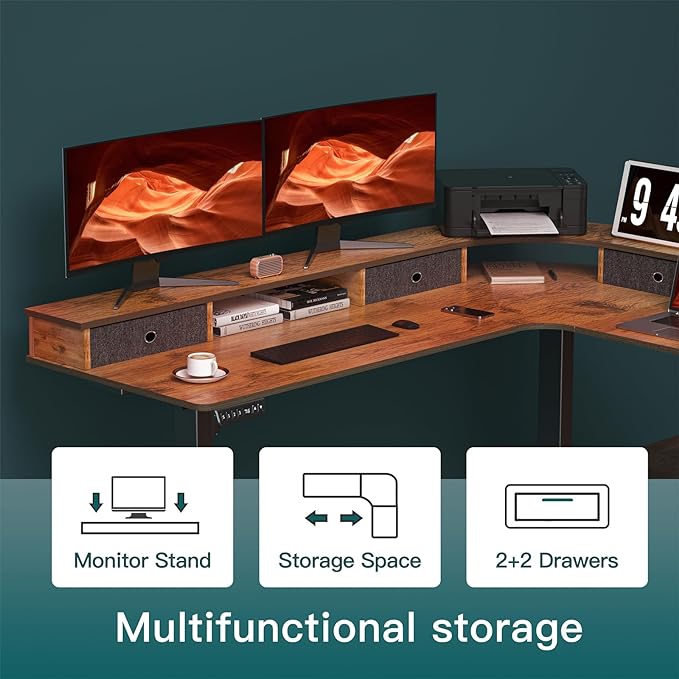 67 Inch L Shaped Electric Standing Desk with 4 Drawers, Height Adjustable Corner Desk with Monitor Stand for Home Office, Rustic Brown - LeafyLoom