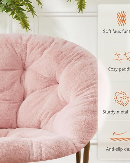 Sweetcrispy Cozy Saucer Chairs Faux Fur Living Room Reading Lounge Furniture Folding Comfy with Soft Thick Padded Seat Metal Frame Modern Style for Bedroom Home Adults, X-Large, Pink - LeafyLoom