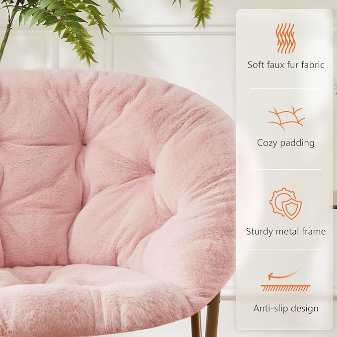 Sweetcrispy Cozy Saucer Chairs Faux Fur Living Room Reading Lounge Furniture Folding Comfy with Soft Thick Padded Seat Metal Frame Modern Style for Bedroom Home Adults, X-Large, Pink - LeafyLoom