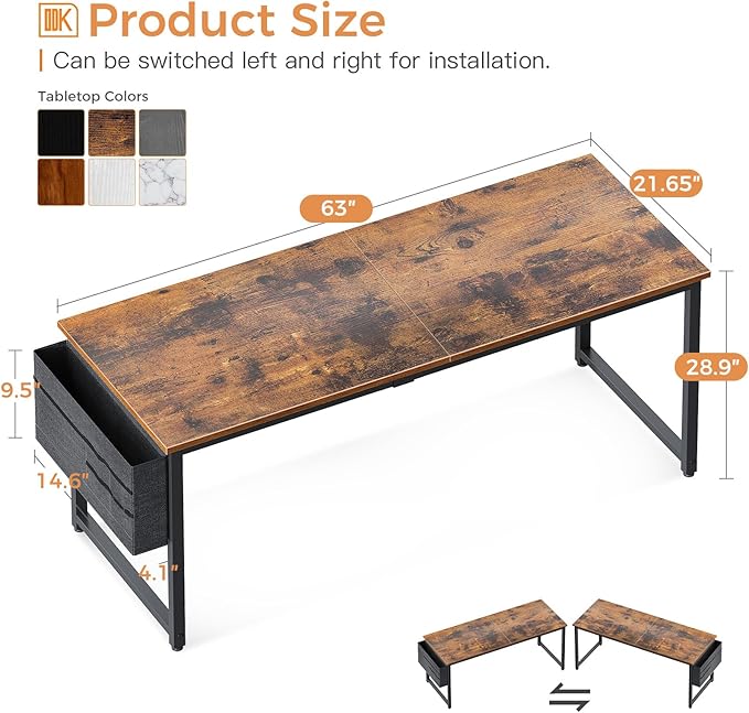 ODK Computer Desk Large Office Desk, 63 Inch Writing Desk with Storage, Modern PC Desk Work Table with Headphone Hook for Home Office, Spliced Tabletop, Rustic Brown - LeafyLoom
