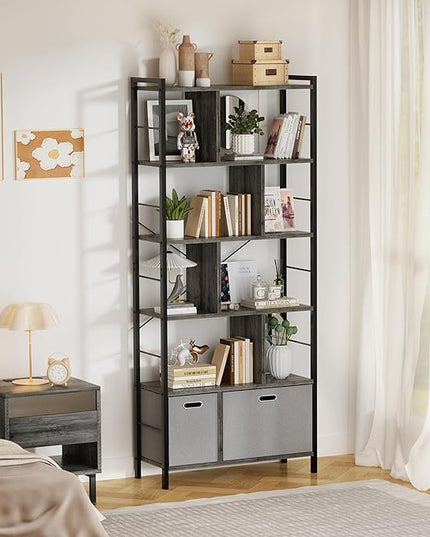 armocity 74 Inch Tall Bookshelf, 6 Tier Bookcase with Drawers, Modern Book Shelf Display Standing Shelf Units with Storage, Wood and Metal Bookshelves for Living Room, Bedroom, Home Office, Grey Oak - LeafyLoom