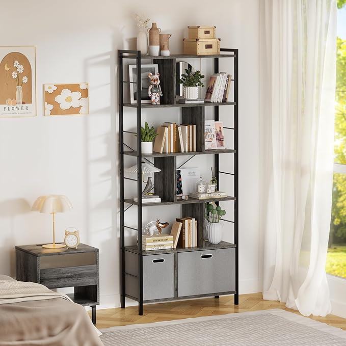 armocity 74 Inch Tall Bookshelf, 6 Tier Bookcase with Drawers, Modern Book Shelf Display Standing Shelf Units with Storage, Wood and Metal Bookshelves for Living Room, Bedroom, Home Office, Grey Oak - LeafyLoom