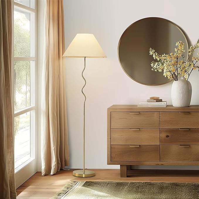 Brightech Squiggle Standing Floor Lamp – Tall Modern Corner Lamp with LED Light Bulb for Bedroom, Living Room, Office – Boho Mid Century Modern Zig Zag Pole Lamp with A-Line Open Shade – Gold/Brass - LeafyLoom