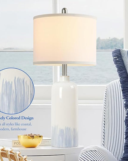 26" Ceramic Table Lamps Set of 2, Coastal Living Room Table Lamps with White Fabric Shades, Large Modern Bedside Lamps for Bedroom Nightstand Office Hotel Beach House, Blue Accent - LeafyLoom