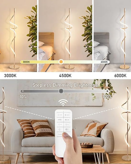 LED Floor Lamp for Living Room, 60inch Gold Floor Lamp with Remote Control, 48W Dimmable Led Floor Lamp with 3 Color Temperatures, Indoor Modern Spiral Floor Lamp for Living Room, Bedroom, Office - LeafyLoom