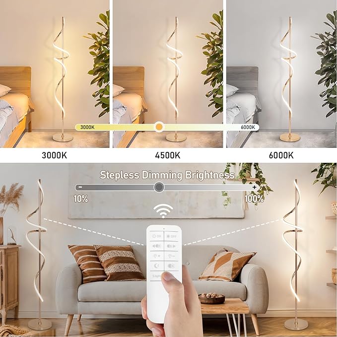 LED Floor Lamp for Living Room, 60inch Gold Floor Lamp with Remote Control, 48W Dimmable Led Floor Lamp with 3 Color Temperatures, Indoor Modern Spiral Floor Lamp for Living Room, Bedroom, Office - LeafyLoom