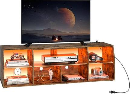 VECELO LED Gaming TV Stand with Power Outlets Television Cabinet with 7 Open Storage Shelves, Industrial Entertainment Center for Living Room and Bedroom, Retro Brown, 55inch - LeafyLoom