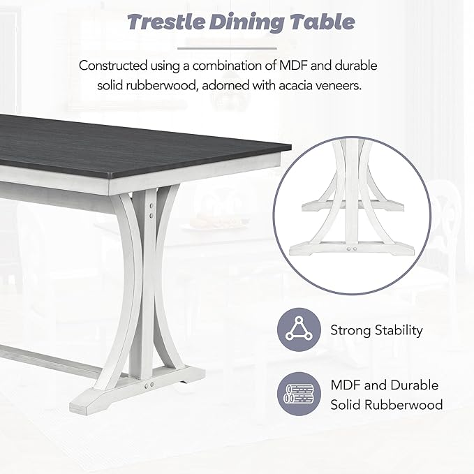 Dining Table Set for 6, Mid-Century 6-Piece Dining Room Table Set with Victorian Round Upholstered Dining Chairs and Long Bench, Kitchen Table Set for Living Room, Grey+Antique White - LeafyLoom