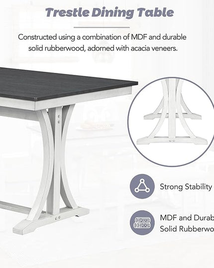 6-Piece Mid-Century Dining Set for 6, Trestle Table and 4 Elegant Victorian Round Back Chairs & Bench, for Kitchen Living Room, Gray+Antique White, 59.8" L x 35.8" W x 30" H - LeafyLoom
