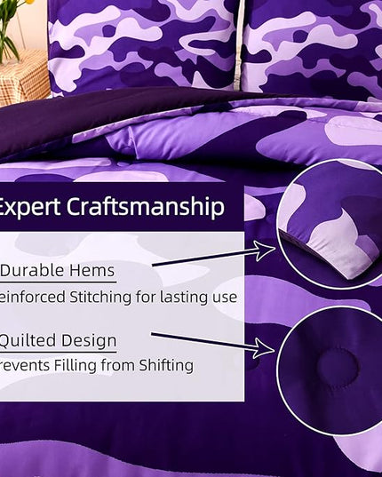 Meeting Story Camouflage Bedding Set, Colorful Pattern Queen Camouflage Comforter Set, 3 PCS One Comforter and Two Pillowcases in One Bag, All Season Bedspread for Teens Adults (Purple, King) - LeafyLoom