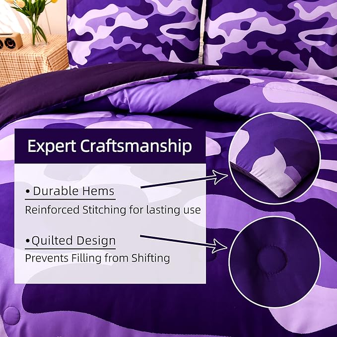 Meeting Story Camouflage Bedding Set, Colorful Pattern Queen Camouflage Comforter Set, 3 PCS One Comforter and Two Pillowcases in One Bag, All Season Bedspread for Teens Adults (Purple, King) - LeafyLoom