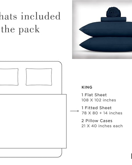 Linen Home Washed Cotton Percale King Sheet Set, Navy Blue, Deep Pocket, 4 Pieces Bed Sheets - 1 Flat Sheet, 1 Fitted Sheet & 2 Envelope Closure Pillowcases, Cool and Comfortable Bed Linen - LeafyLoom