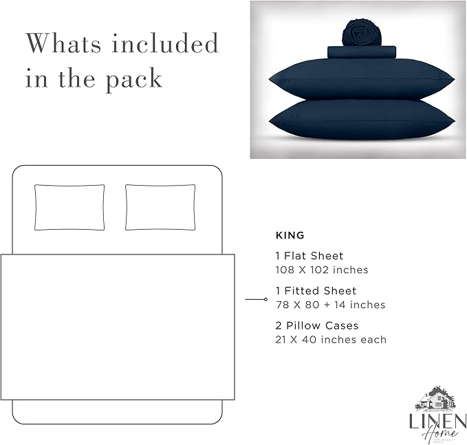 Linen Home Washed Cotton Percale King Sheet Set, Navy Blue, Deep Pocket, 4 Pieces Bed Sheets - 1 Flat Sheet, 1 Fitted Sheet & 2 Envelope Closure Pillowcases, Cool and Comfortable Bed Linen - LeafyLoom