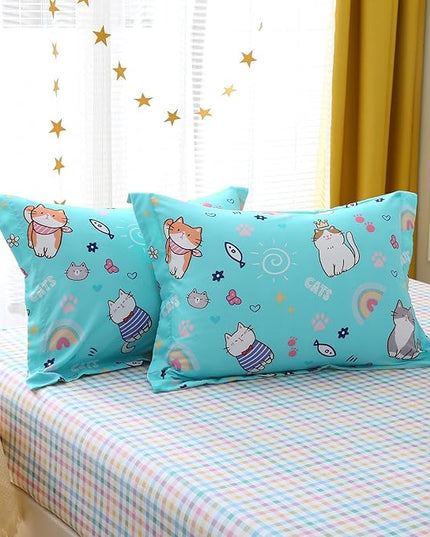 Cute Kids Cat Comforter Set Full Size 7 Piece Blue Rainbow Star Sun Heart Bed in A Bag Kawaii Animal Butterfly Fish Bedding Set for Girls Boys Teens Super Soft All Season - LeafyLoom