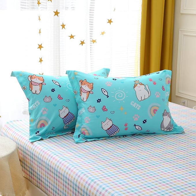 Cute Kids Cat Comforter Set Full Size 7 Piece Blue Rainbow Star Sun Heart Bed in A Bag Kawaii Animal Butterfly Fish Bedding Set for Girls Boys Teens Super Soft All Season - LeafyLoom