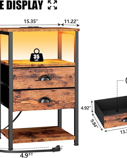 Furologee Nightstand with Charging Station, LED Night Stand with 2 Fabric Drawers, 3-Tier Storage Side Table with USB Ports & Outlets, End Table with Shelves for Lving Room/Bedroom - LeafyLoom