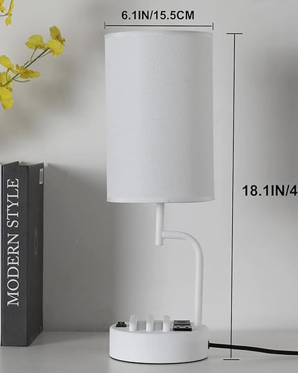 Dreamholder Table Lamp with 3 USB Charging Ports, Modern Desk Lamp with AC Outlet and Phone Stands, Perfect Bedside Lamp for Bedroom, Living Room, Office (Pack of 2), White - LeafyLoom