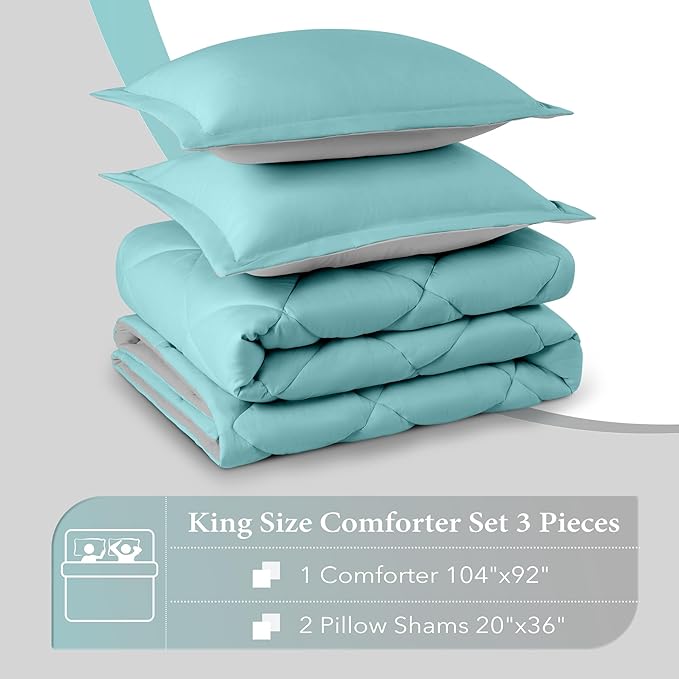downluxe King Size Comforter Set - Turquoise and Grey King Comforter, Soft Bedding Sets for All Seasons -3 Pieces - 1 Comforter (104"x92") and 2 Pillow Shams(20"x36") - LeafyLoom