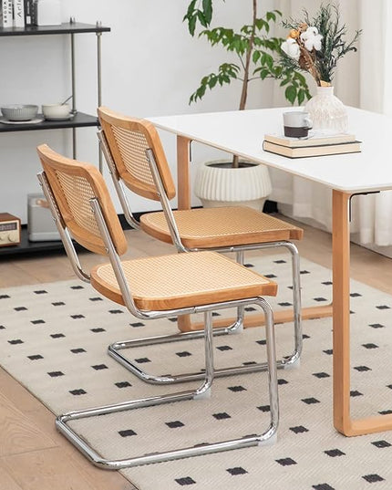 Dining Chairs Set of 2, Velvet Rattan Side Accent Chairs with Chrome Legs, Modern Mid Century Breuer Designed Chairs, Upholstered Dining Living Room Kitchen Chairs (Burlywood-2pcs) - LeafyLoom