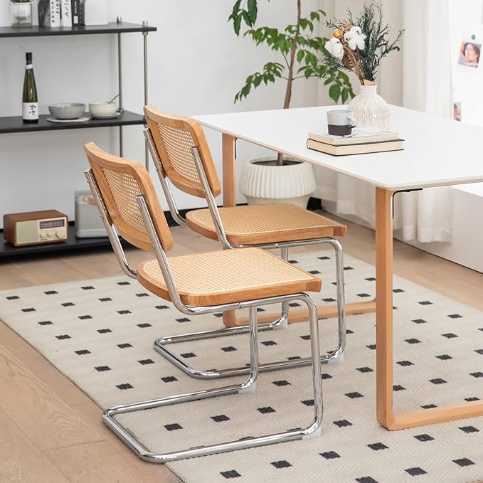 Dining Chairs Set of 2, Velvet Rattan Side Accent Chairs with Chrome Legs, Modern Mid Century Breuer Designed Chairs, Upholstered Dining Living Room Kitchen Chairs (Burlywood-2pcs) - LeafyLoom