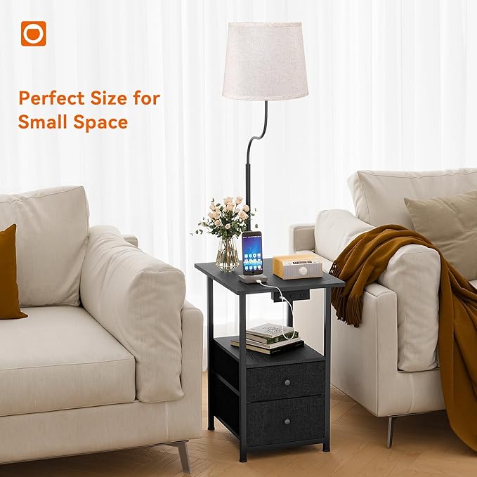 addlon Floor Lamp with Side Table, Nightstand with Charging Station, 3 Color Temperatures 9W LED Bulb, Floor Lamps for Living Room, Bedroom, Storage End Tables Living Room - Black - LeafyLoom