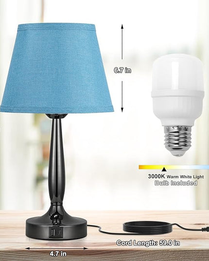 Touch Bedside Lamp for Bedroom with USB C Port, Small Touch Table Lamp with 2 USB Charging Ports, 3 Way Dimmable Nightstand Lamp for Living Room and Office - Turquoise Blue (LED Bulb Included) - LeafyLoom
