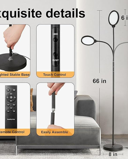 LED Floor Lamp, 12W/1000LM Reading Light, 3 Color Temperatures Bright Modern Tall Lamp, Adjustable Gooseneck Standing Lamp with Remote & Touch Control for Living Room, Bedroom, Office - LeafyLoom