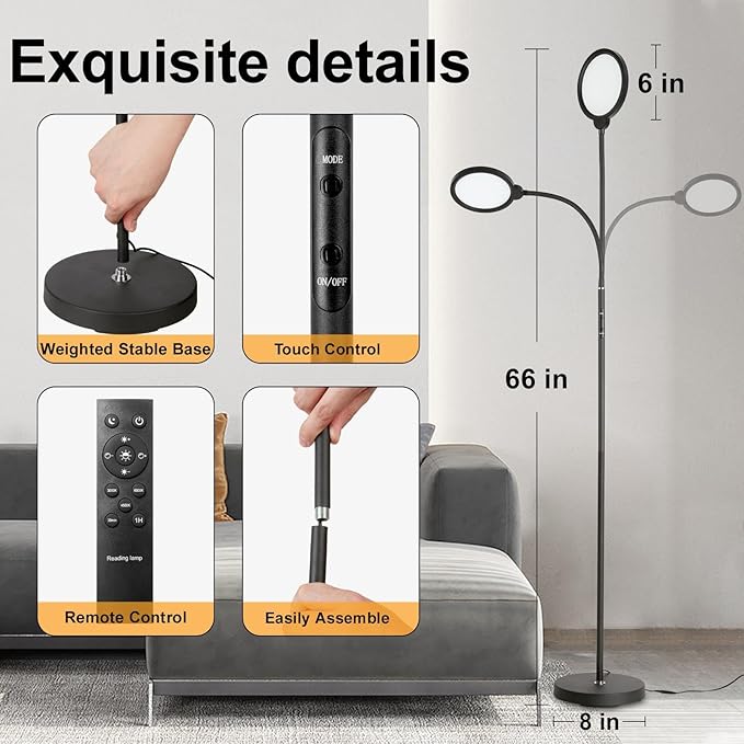 LED Floor Lamp, 12W/1000LM Reading Light, 3 Color Temperatures Bright Modern Tall Lamp, Adjustable Gooseneck Standing Lamp with Remote & Touch Control for Living Room, Bedroom, Office - LeafyLoom