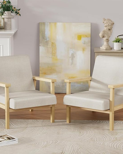 YESHOMY Mid-Century Modern Accent Chair with Solid Wood Frame and Thick Cushion for Living Room, Bedroom, Home Office, Set of 2, Beige - LeafyLoom