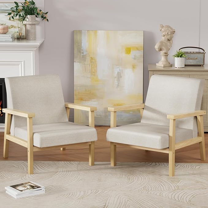 YESHOMY Mid-Century Modern Accent Chair with Solid Wood Frame and Thick Cushion for Living Room, Bedroom, Home Office, Set of 2, Beige - LeafyLoom