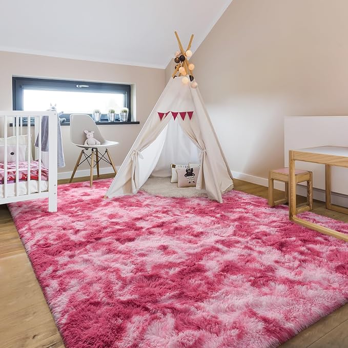 6x9 Large Area Rugs for Living Room, Super Soft Fluffy Modern Bedroom Rug, Tie-Dyed Blush Pink Indoor Shag Fuzzy Carpets for Girls Kids Nursery Room Home Decor - LeafyLoom